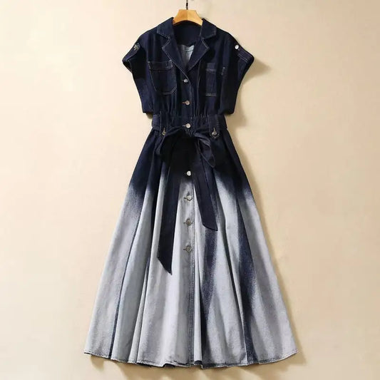 Gradient Color Waist-Controlled Denim Dress with Short Sleeves